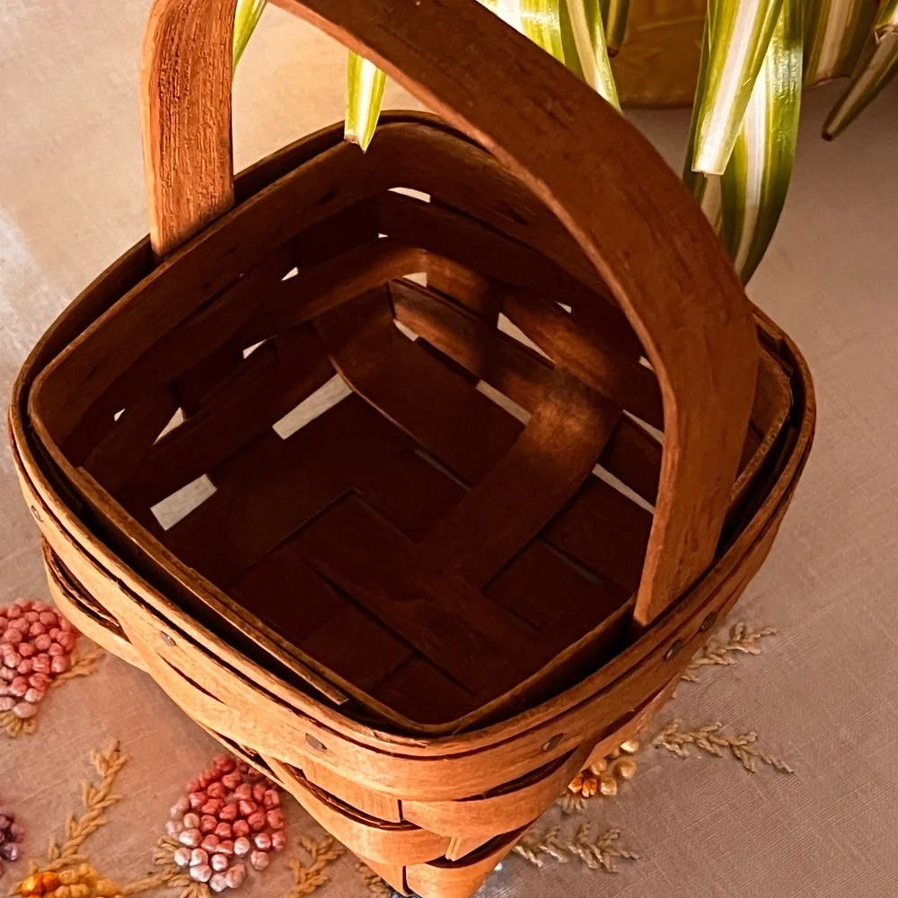 Charming 1985 Longaberger Handwoven Basket w/ Crochet Liner & Blue Ribbon Accent